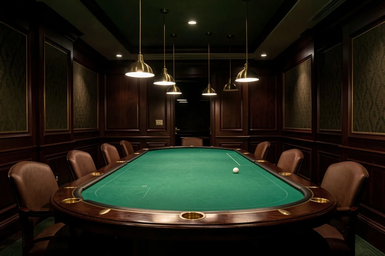 The poker table and the interior of the Play Zaal lounge